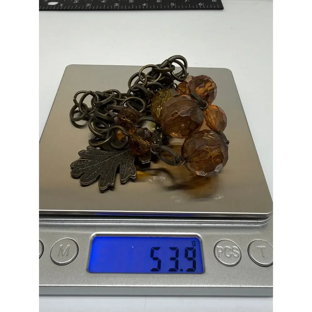 Oak Leaf Pendant Necklace Amber Faceted Beads Bronze Tone Boho Fall Statement